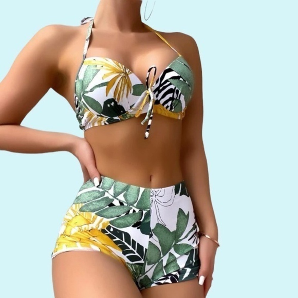 NEW Tropical Leaf Print Boyshorts Shorts Swimsuit Set Wired Bra Top Push Up Cups